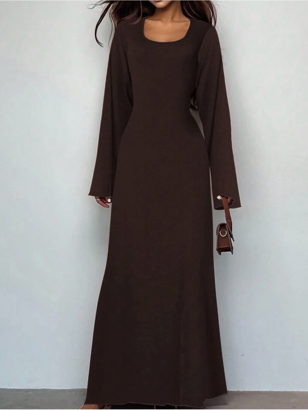 Elegant Brown Long-Sleeve Maxi Dress